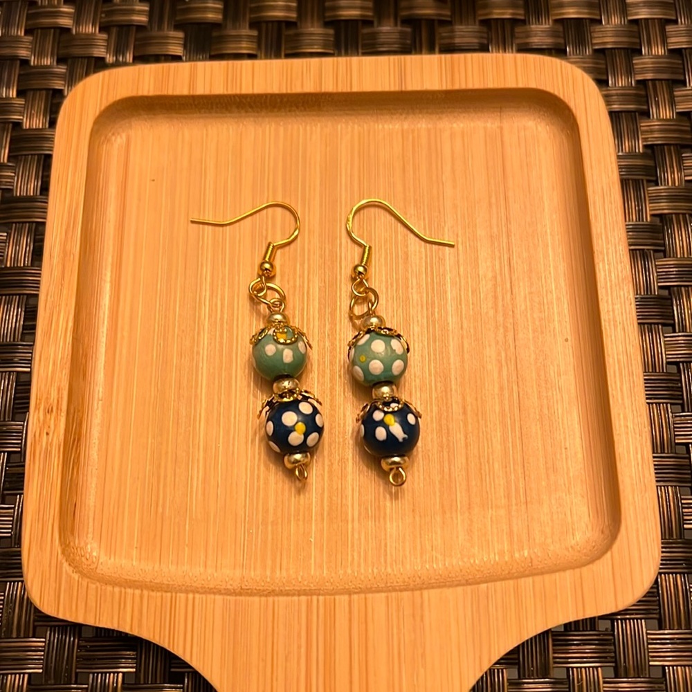 Up cycled Polka Dot Beads Blue, Green and Gold Dangle Earrings